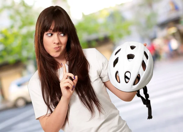Portrait Of A Young Female Holding A Helmet — Stock Photo, Image