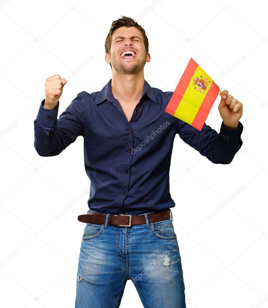 Man holding a flag and cheering