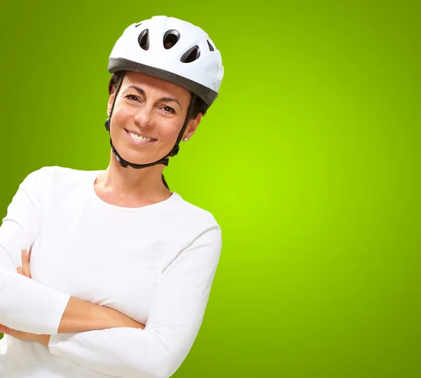Woman Wearing Helmet With Hands Folded — Stock Photo, Image