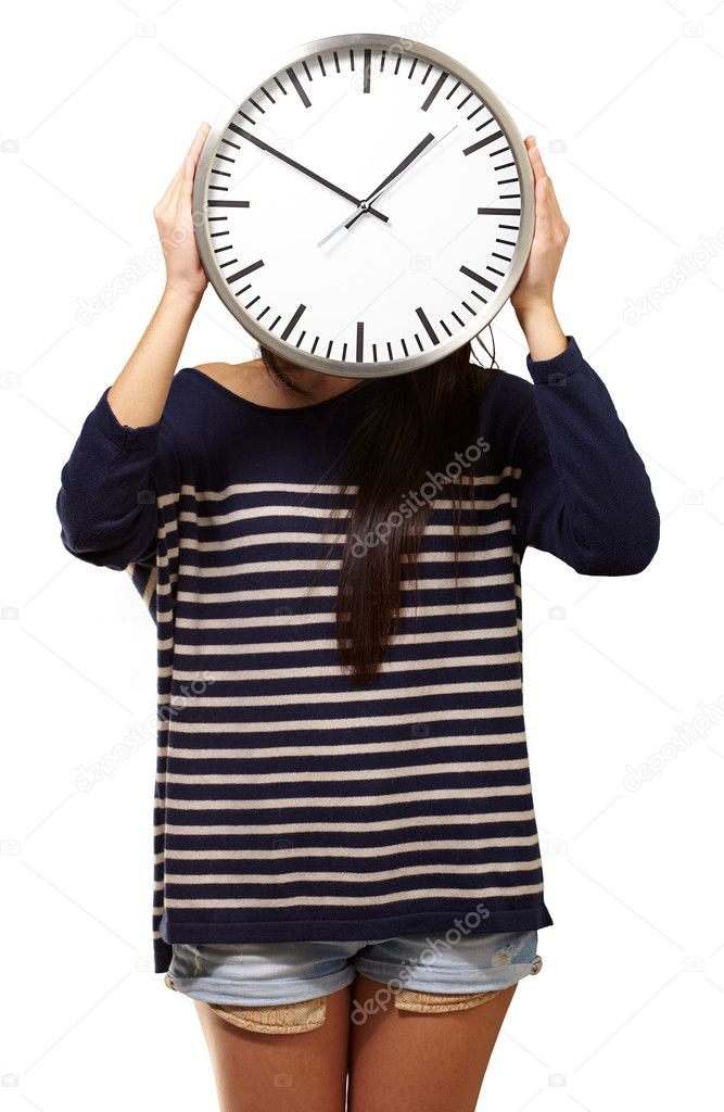 Young Girl Showing Clock And Hiding Her Face