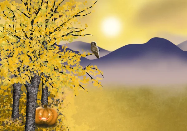 Herbst-Halloween-Hintergrund mit goldenem Apfel-Baum — Stockfoto