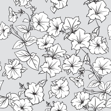 Seamless pattern with leaves and petunia flowers clipart