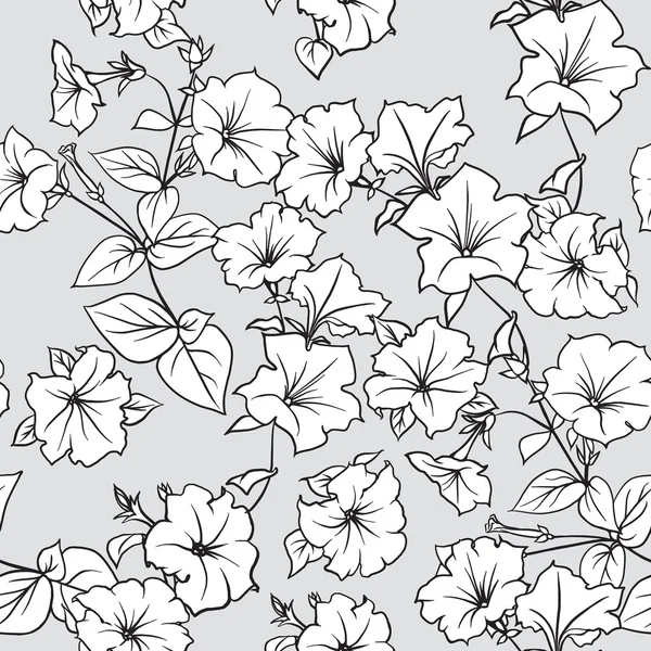 Modèle sans couture avec des feuilles et des fleurs de pétunia — Image vectorielle