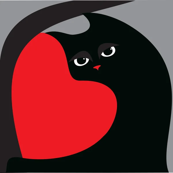 Gato preto e coração vermelho — Vetor de Stock