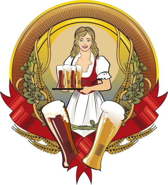 Cameriera ragazza, etichetta birra — Vettoriale Stock