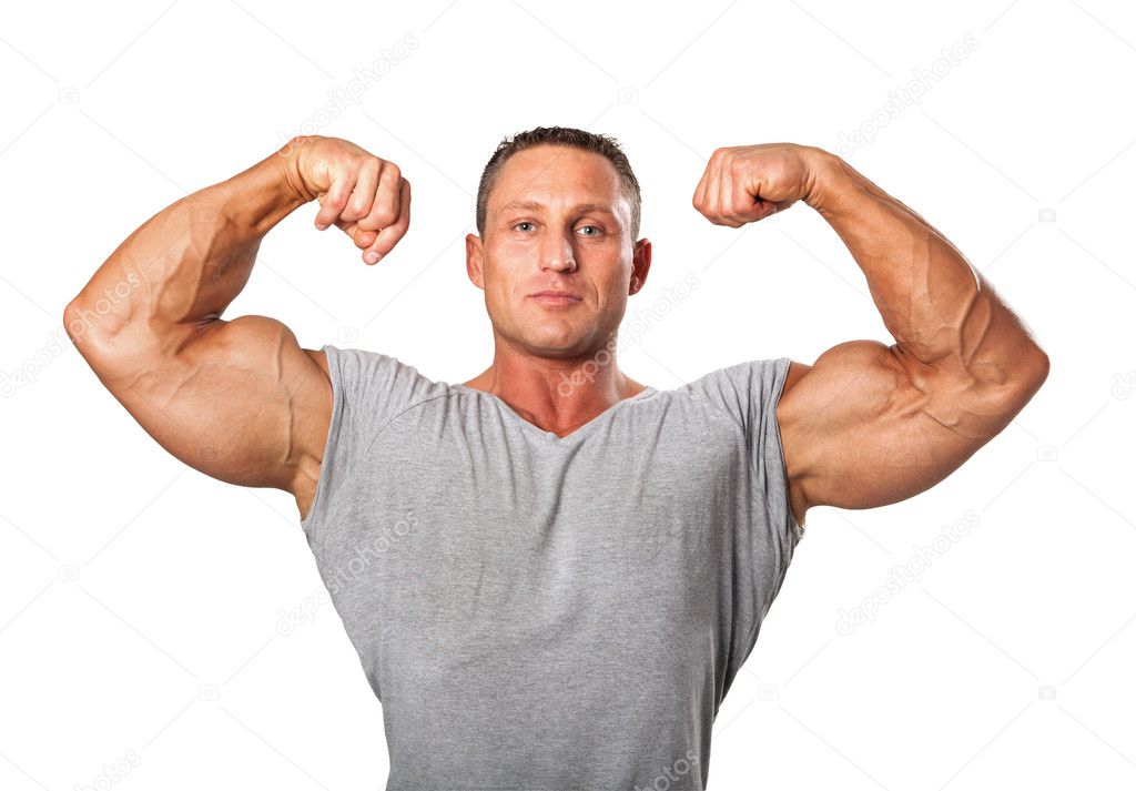 Attractive male body builder, demonstrating contest pose, isolat