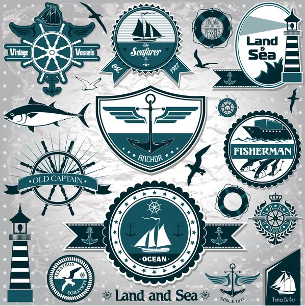 Large collection of vintage nautical labels 2 — Stock Vector