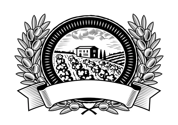 Etiqueta cosecha aceituna blanco y negro — Vector de stock