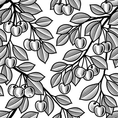 Seamless cherry background black and white clipart