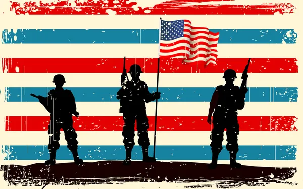 アメリカの国旗と立っているアメリカの兵士 — ストックベクタ