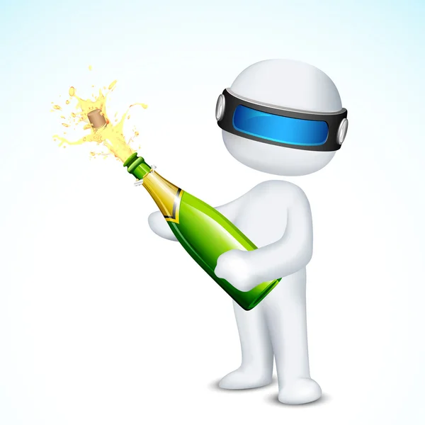 Homme 3d avec bouteille de champagne — Image vectorielle