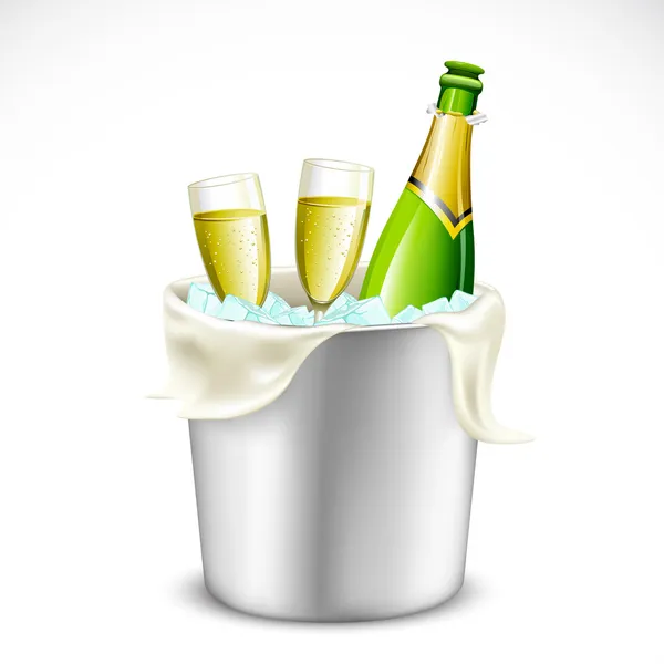 Copa de champán y botella en cubo — Vector de stock