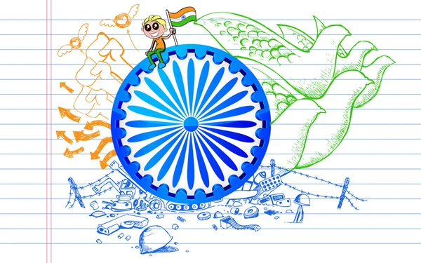 Ashok chakra på tricolor doodle — Stock vektor