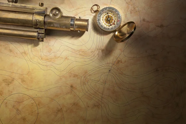 Teleskop und Kompass mit Seekarte — Stockfoto