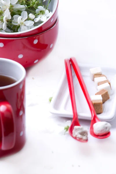 White candy on the red spoon — Stock Photo, Image