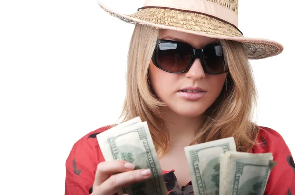 Sexy blond woman with money — Stock Photo, Image