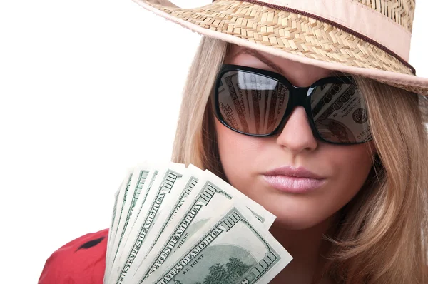 Mujer rubia con dólares — Foto de Stock