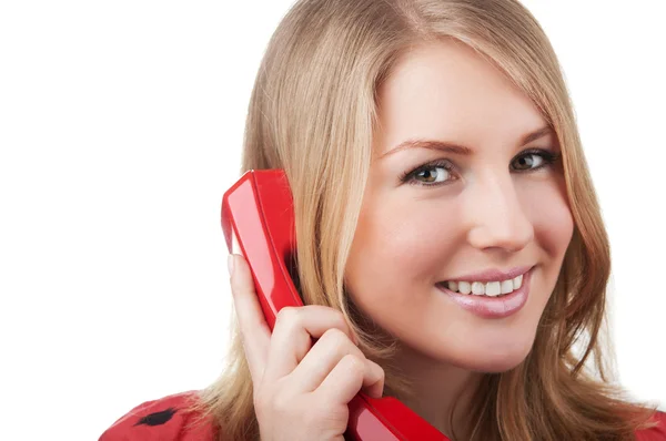 Kvinna med röd telefon — Stockfoto