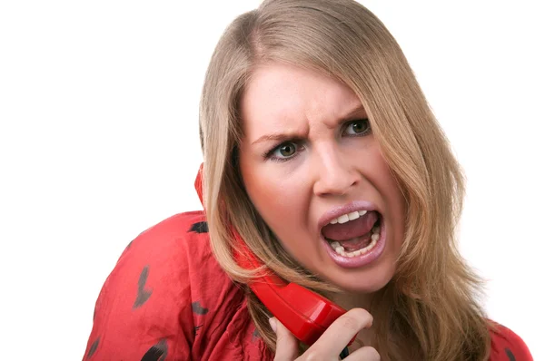 Angry woman shouting to phone — Stock Photo, Image
