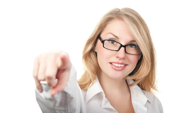 Businesswoman points a finger — Stock Photo, Image