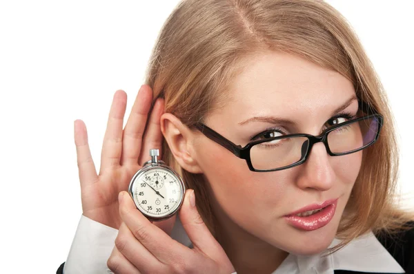 Young business woman with stopwatch — Stock Photo, Image