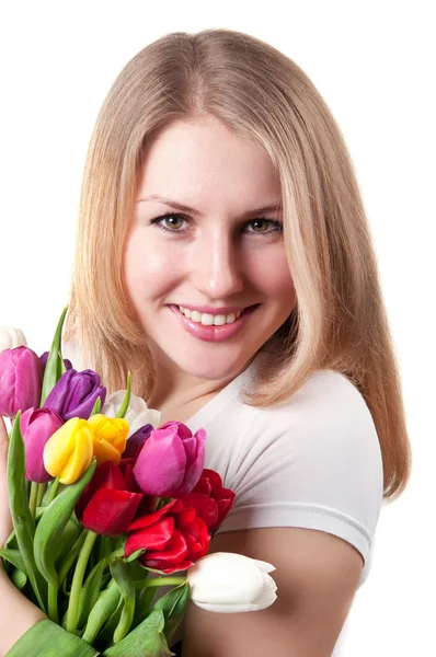Lány, tulipán — Stock Fotó