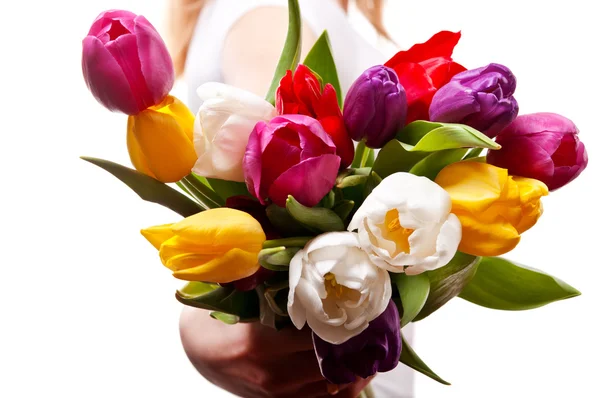 Woman holding a bouquet of tulips — Stock Photo, Image