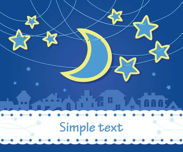 stock vector The stars and the moon hanging on a thread over the night city. Tape is sewn to the text