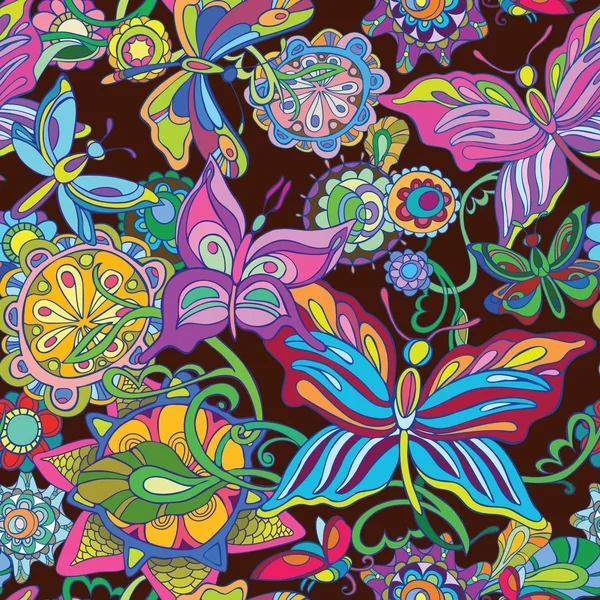 シームレスなベクトルの背景。飛行蝶と花の妖精 — ストックベクタ