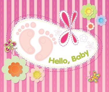 Vector background with festive flowers and embroidery. Welcome infant baby clipart