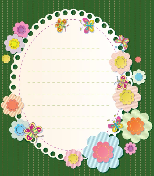 Cadre vectoriel avec éléments de broderie. Fleurs et papillons textiles — Image vectorielle