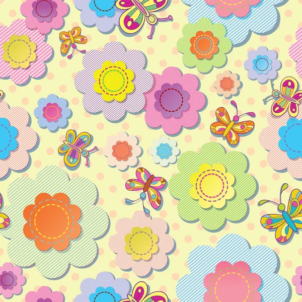Vektor sömlös färgstarka bakgrund. tillämpning av blommor och fjärilar. Sytråd — Stock vektor