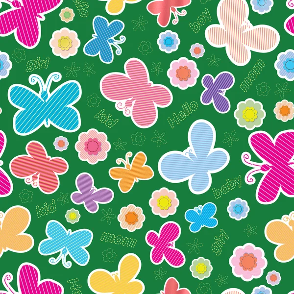 シームレスなカラフルな背景をベクトルします。花と蝶のアプリケーションです。緑の背景。言葉の「母」は、「少年」は、「少女」「赤ちゃん」刺繍のスレッド — ストックベクタ
