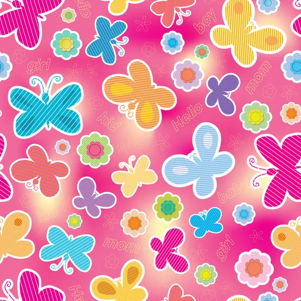 Vector seamless colorful background. Application of flowers and butterflies. Pink background — Stock Vector