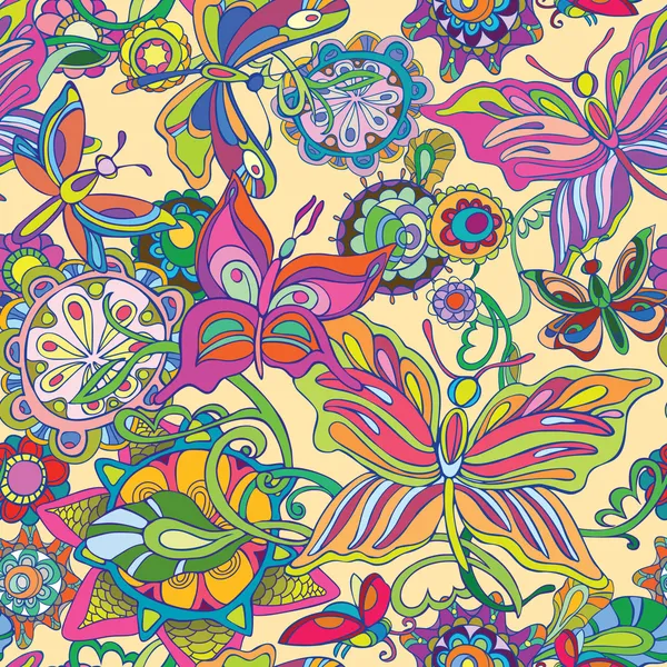 シームレスなベクトルの背景。蝶と花の分野の飛行。明るい内装で、明るい背景 — ストックベクタ