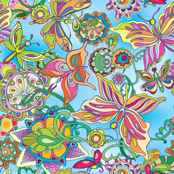 Flores decorativas y mariposas volando contra el cielo azul. Dibujo vectorial — Archivo Imágenes Vectoriales