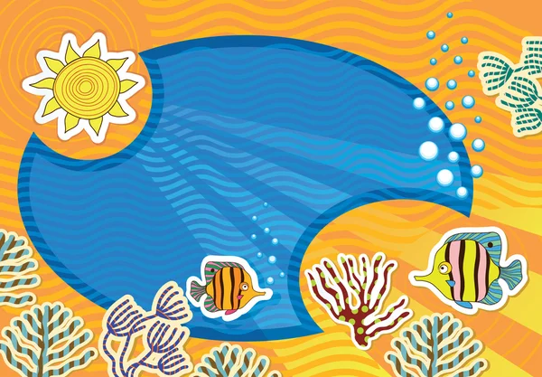 Cartão de vetor no mundo subaquático. Peixe e algas marinhas —  Vetores de Stock