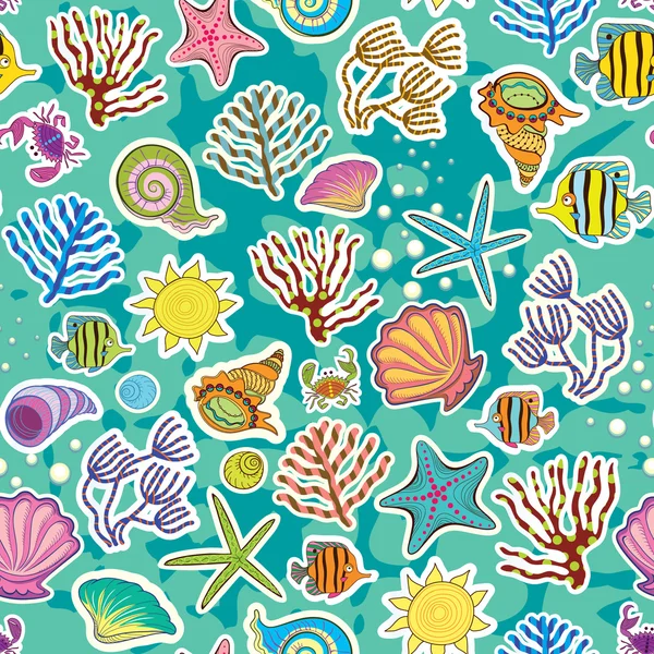Seamless sea background. The decor of the sea creatures and seaweed. Symbol of summer vacation — Stock Vector
