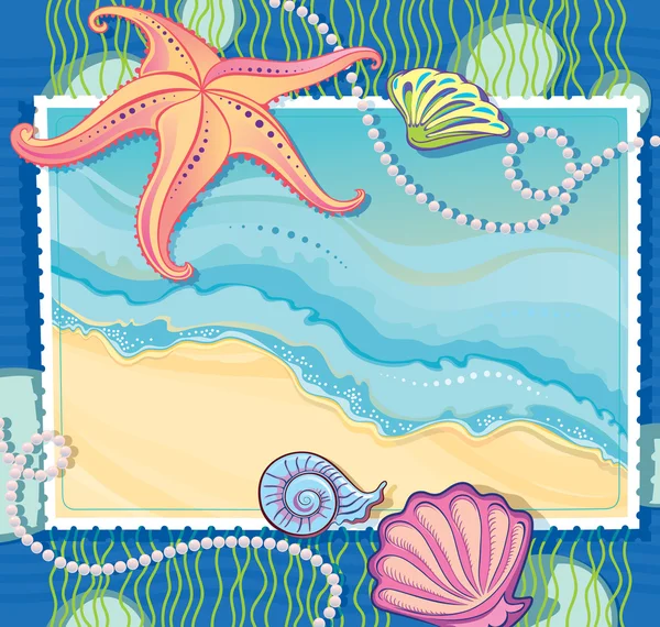 Vector frame with a picture of a sea wave. Making of the starfish, shells and strings of pearls — Stock Vector