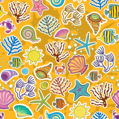 Seamless sunny background. The decor of the sea creatures, fish and seaweed. The symbol of the seas and oceans clipart