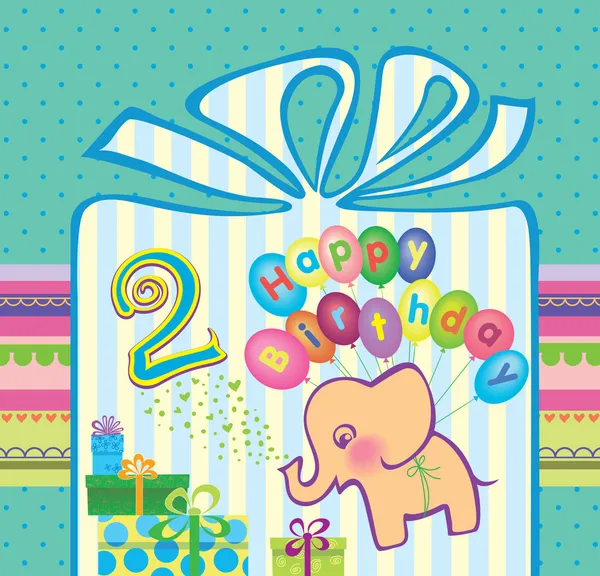 Felicidades por un chico con un aniversario de 2 años. Elefante volando globos de aire caliente — Vector de stock