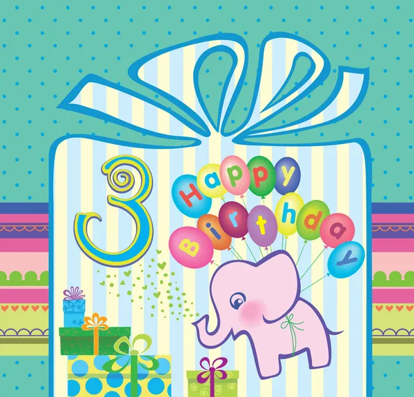 3 周年と男の子のためのお祝い。象飛行熱気球 — ストックベクタ