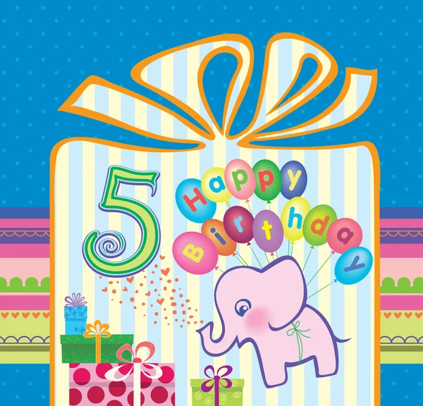 Felicidades por un chico con un aniversario de 5 años. Elefante volando globos de aire caliente — Vector de stock
