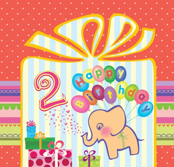 Поздравляем девочек с 2-м днём рождения. Слон летит на воздушных шарах — стоковый вектор