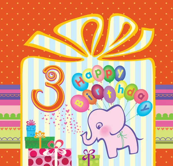 Felicitaciones a las chicas con un aniversario de 3 años. Elefante volando globos de aire caliente — Vector de stock