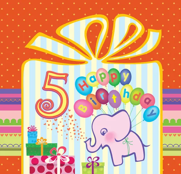 Parabéns às meninas com um aniversário de 5 anos. Elefante voando balões de ar quente — Vetor de Stock