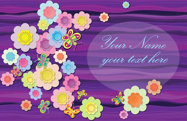 Σύνθεση του φορέα. λουλούδια από ύφασμα στο αφηρημένο μοβ φόντο. επαγγελματική κάρτα για ένα κορίτσι — Διανυσματικό Αρχείο