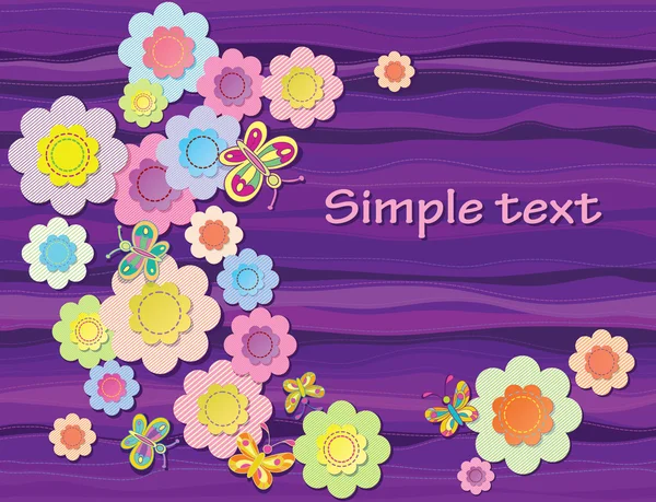 Composición vectorial. Mariposas y flores pintadas de la tela sobre el fondo púrpura abstracto. Espacio para texto — Vector de stock