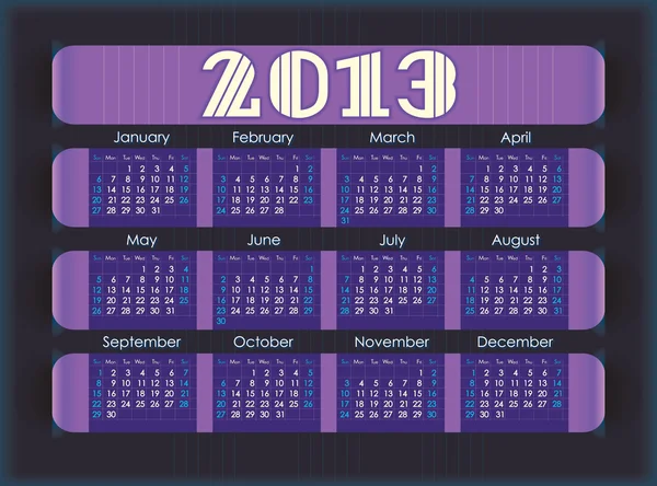 Calendrier pour 2013. rayures violettes insérées dans la perforation sur le papier noir. La semaine commence le dimanche — Image vectorielle