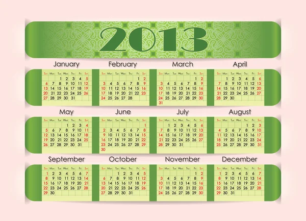 Calendar for 2013. The green strip inserted into the perforation on pink paper. Week starts on Sunday — Stock Vector